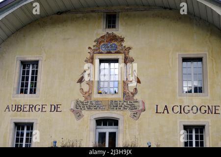 Schweiz, Kanton Freiburg, Freiburg, Rue d Or, Auberge de la Cigogne, Fassade, Fresken Stockfoto