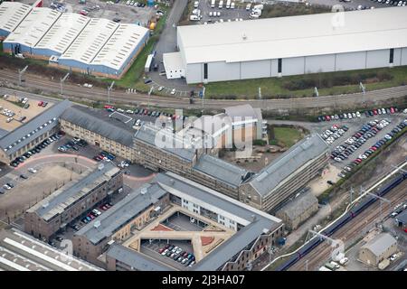 Historic England Archive under Scaffold, das sich in der Swindon Heritage Action Zone, Wiltshire, 2019 befindet. Stockfoto