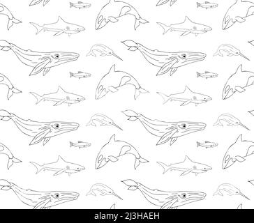 Vektor nahtlose Muster von Hand gezeichneten Doodle Skizze Fisch Wale und Haie isoliert auf weißem Hintergrund Stock Vektor
