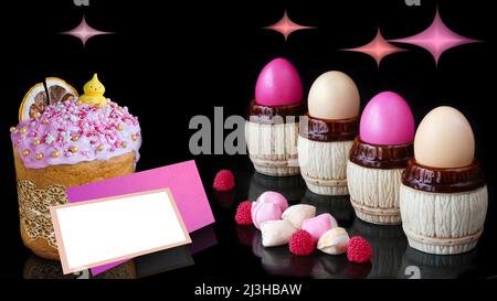 Ostereier auf Ständer, glasierte Kuchen, Textrahmen und Süßigkeiten in rosa Tönen, auf schwarzem Hintergrund mit abstrakten Sternen. Osterkonzept