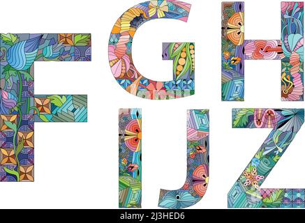Handgemaltes Kunstdesign. Bunte handgezeichnete Illustration Alphabet. Teil 2 Stock Vektor