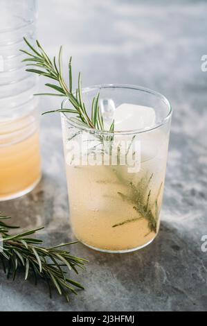 Hausgemachtes fermentiertes Ingwerbier mit Zitrone in einem Glas mit Eiskuppeln Stockfoto