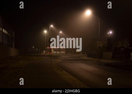 Deutschland, Luckenwalde, 28. Februar 2022, subtiler Nebel in der Nacht in den Straßen der kleinen Stadt Luckenwalde Stockfoto