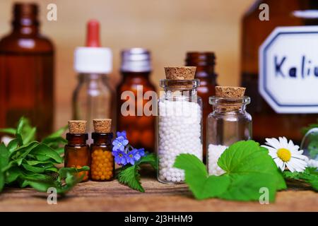 Viele medizinische Glasfläschchen auf dem Tisch, gefüllt mit Globulis und Pillen. Dekorieren Sie mit Blättern und Blumen. Stockfoto