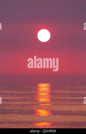 Seascape mit orangefarbenem Sonnenuntergang über dem Wattenmeer, Nordfriesland, Schleswig-Holstein, Deutschland Stockfoto