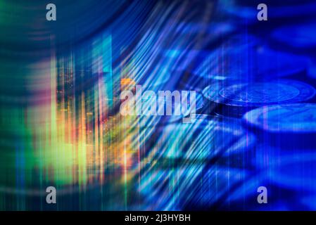 Euro-Münzen für Finanz- und Bankwesen, digitale Börsen und Handelshintergrund. Stockfoto
