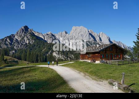 Österreich, Salzburger Land, Pinzgau, Hirschbichlpass, Litzlalmen, Berghütte Gramlerkaser, Blick nach Deutschland auf die Reiteralpe, von links, Gernhorn, Mühlsturzhorn Stockfoto