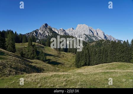 Österreich, Salzburger Land, Pinzgau, Hirschbichlpass, Litzlalmen, Blick nach Deutschland auf die Reiteralpe, von links, Gernhorn, Mühlsturzhorn Stockfoto