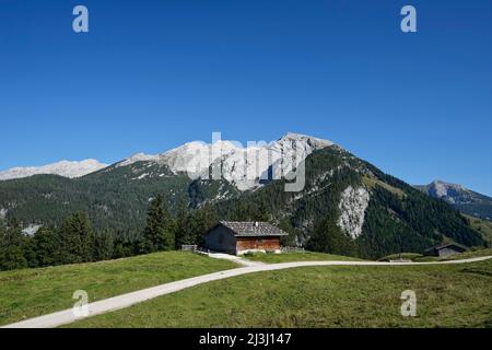 Österreich, Salzburger Land, Pinzgau, Hirschbichlpass, Litzlalmen, Berghütte Gramlerkaser, Blick nach Deutschland zum Hochkalter, links Hochkalter, rechts Hocheisspitze Stockfoto