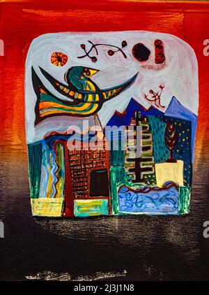 Gemälde von Pia Bühler, Lithographie und Acrylfantasiefigur, ein Vogel, umgeben vom roten Licht der untergehenden Sonne, darunter Gebäude und eine dunkle Landschaft mit blauen Bergen im Hintergrund Stockfoto
