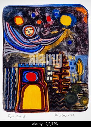 Malerei von Pia Bühler, Lithographie und Acrylfantasiefigur, Puppe Baba fliegt durch die Nacht, über ihr der Sternenhimmel, unter ihm eine Landschaft Stockfoto
