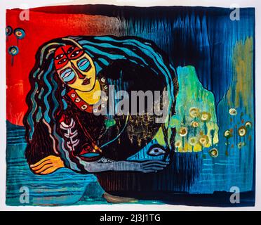 Gemälde von Pia Bühler, Lithographie und Acryl die schöne Lau, Fantasiefigur in schwarz, blau, rot, Wasserjungfrau am Blautopf in Blaubeuren auf der Schwäbischen Alb, bekannt durch die "Geschichte der schönen Lau" von Eduard Mörike Stockfoto