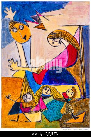 Gemälde von Pia Bühler, Radierung, Acryl Vater und Mutter schützen ihre Kinder. Sie spielen und verbringen unbeschwerte Zeit miteinander. Stockfoto