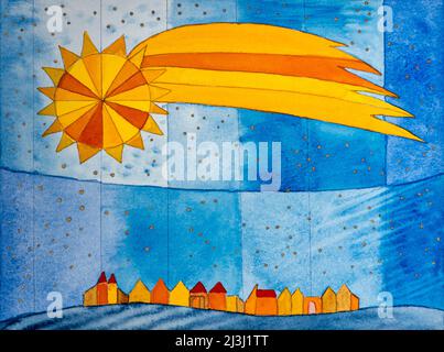 Aquarell von Heidrun Füssenhäuser Heckstern über der Stadt, gelber Stern, blauer Himmel Stockfoto