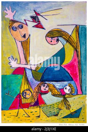 Malerei von Pia Bühler, Radierung, Acryl Vater und Mutter oder Oma und Mutter spielen und verbringen unbeschwerte Zeit mit Kindern Stockfoto
