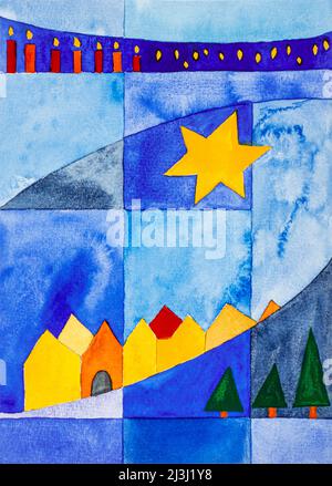 Aquarell von Heidrun Füssenhäuser Gelber Stern, blauer Himmel, gelbe Häuser, rotes Dach, Stadt, Felder, gelb, blau, blaues Band mit roten brennenden Kerzen Stockfoto