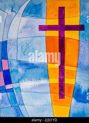 Aquarell von Heidrun Füssenhäuser Purpurkreuz mit orange-gelbem Hintergrund, auf blauen Feldern, blau, lila, Farbe der Bußzeiten Stockfoto