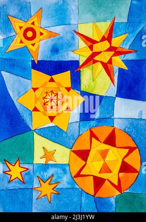 Aquarell von Heidrun Füssenhäuser vier große Sterne, blauer Himmel, drei kleine Sterne Stockfoto