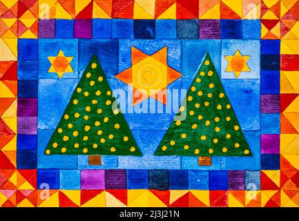 Aquarell von Heidrun Füssenhäuser zwei Weihnachtsbäume und drei Sterne in blauem Feld mit roter und gelber Umrandung Stockfoto