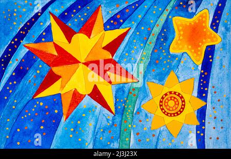 Aquarell von Heidrun Füssenhäuser Ein großer Stern, blauer Himmel, zwei kleine Sterne Stockfoto