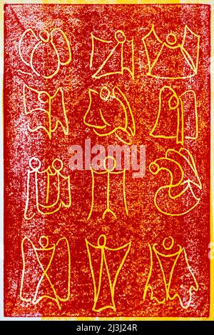 Grafik von Gisela Oberst Twelve Angels, abstrakt, rot, gelb, Engelsfigur, Engeldarstellung, geflügelte, mystische, himmlische Wesen Stockfoto