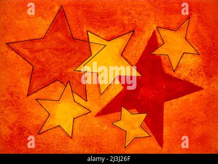 Grafik von Regine Martin sechs Sterne, gelb, orange, rot auf rotem Hintergrund, Linien schwarz Stockfoto