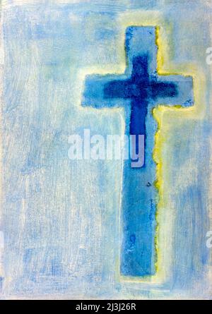 Gemälde von Regine Martin, blaues Kreuz auf blauem Hintergrund mit gelbem Licht auf der rechten Seite Stockfoto