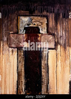 Gemälde von Peter Schütte, Kreuz, dunkelbrauner bis heller Boden, streifend Stockfoto