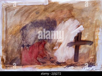 Gemälde von Peter Schütte, abstrakt, braunes Kreuz auf vierfarbigem Hintergrund, Stockfoto