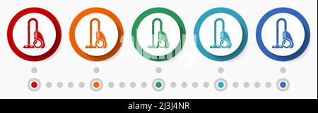 Staubsauger, Hausarbeit Konzept Vektor-Icon-Set, Infografik-Vorlage, flaches Design bunte Web-Tasten in 5 Farboptionen Stock Vektor