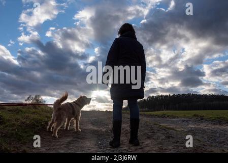 Eine Frau steht mit ihrem Hund auf einer Landstraße, während am Horizont die Abendsonne durch die Wolken bricht. Stockfoto