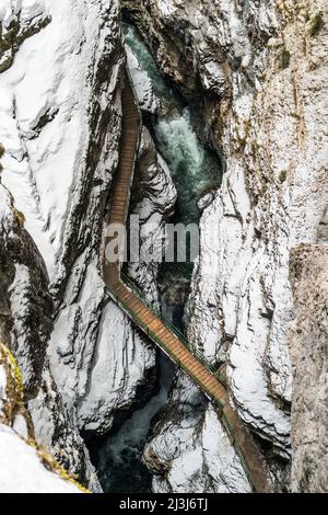 Breitachklamm mit Holzsteg, der tiefsten Felsschlucht Mitteleuropas, Oberstdorf, Allgäu, Schwaben, Bayern, Deutschland, Europa Stockfoto