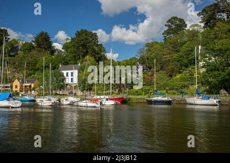 Pont-Aven im Süden von Finistère, Boote und Häuser auf dem Fluss Aven, Frankreich, Bretagne, Departement Finistère Stockfoto