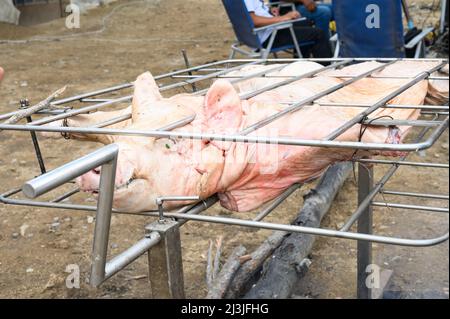 Gegrilltes Schwein beim Street Food Festival. Gebratenes Schwein auf dem Regal. Essen Stockfoto