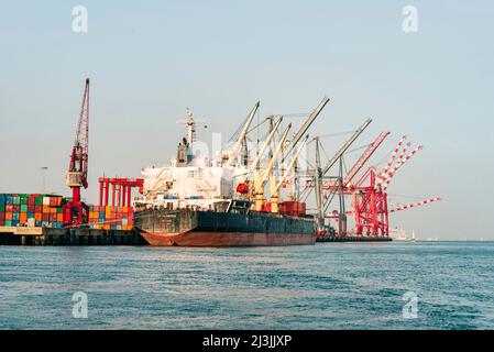 Frachthafen von Lissabon. Hafenkran am Hafen von Lissabon Container Terminal (TCA) am Ufer des Flusses Tejo, Alcântara, Lissabon, Portugal Stockfoto