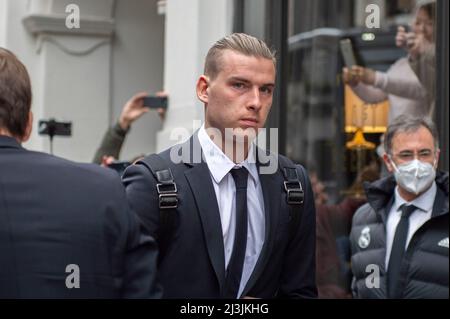 Toni Kroos trifft zusammen mit dem Real Madrid Team in ihrem Hotel in Westminster ein, bevor es in Stamford ein Viertelfinalspiel der Champions League gegen Chelsea gibt Stockfoto