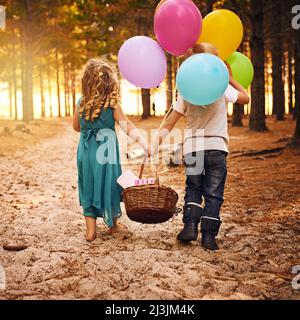 Beste Freunde bleiben zusammen. Aufnahme eines unerkennbaren kleinen Jungen und Mädchens, das einen Korb und Ballons in der Hand hält, während er draußen im Wald spazieren geht. Stockfoto