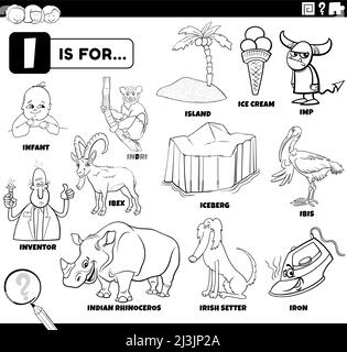 Schwarz-Weiß-Bildungs-Cartoon-Illustration für Kinder mit Comic-Figuren und Objekte für Buchstabe I Malbuch Seite gesetzt Stock Vektor