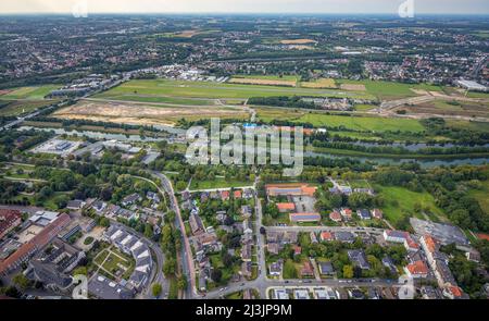 Luftaufnahme, Baustellenprojektgebiet Lippeaue am Lippe- und Datteln-Hamm-Kanal und Verlauf des Hochwasserdeiches zwischen Münster Stockfoto