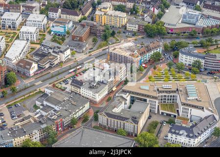 Luftaufnahme, Innenstadt mit Platz der Deutschen Einheit am Hamm Hauptbahnhof sowie Baustelle und neues Wohnhaus am ehemaligen Stockfoto