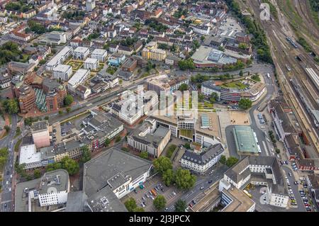 Luftaufnahme, Innenstadt mit Platz der Deutschen Einheit am Hamm Hauptbahnhof sowie Baustelle und neues Wohnhaus am ehemaligen Stockfoto