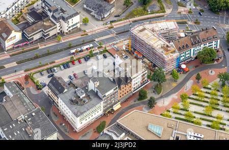 Luftaufnahme, Innenstadt mit Platz der Deutschen Einheit am Hamm Hauptbahnhof sowie Baustelle und neues Wohnhaus am ehemaligen Stockfoto