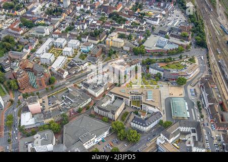 Luftaufnahme, Innenstadt mit Platz der Deutschen Einheit am Hamm Hauptbahnhof sowie Baustelle und neues Wohnhaus am ehemaligen Stockfoto