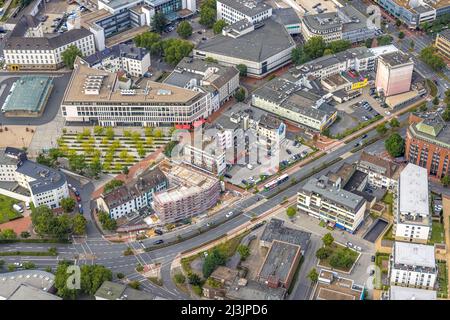 Luftaufnahme, Innenstadt mit Platz der Deutschen Einheit am Hamm Hauptbahnhof sowie Baustelle und neues Wohnhaus am ehemaligen Stockfoto