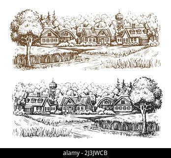 Dorflandschaft ländliche Straßenzeichnung. Vektor der Skizzendarstellung Stock Vektor