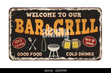 Bar and Grill vintage rostigen Metall-Zeichen auf weißem Hintergrund, Vektor-Illustration Stock Vektor