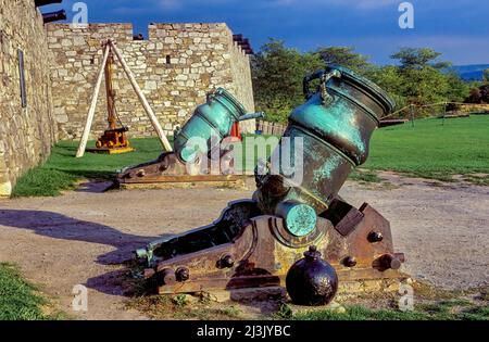 Black Powder Mortors, Fort Ticonderoga, New York Stockfoto