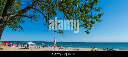 Notruftelefon und Rettungsschwimmerboje am Strand von Sandbanks, Ontario, Kanada Stockfoto