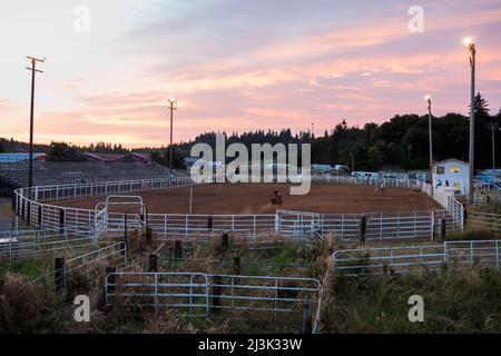 Cowgirl reitet ihr Pferd in der Rodeo-Arena in der Dämmerung; St. Helens, Oregon, Vereinigte Staaten von Amerika Stockfoto