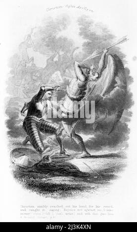 Szene aus Pilgrim's Progress von John Bunyan, die christliche Kampfhandlungen gegen Appolyon zeigt, aus einer Publikation aus dem 19.. Jahrhundert Stockfoto
